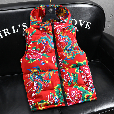 中国风花马甲男秋冬季潮流帅气外穿羽绒棉坎肩青少年连帽背心外套