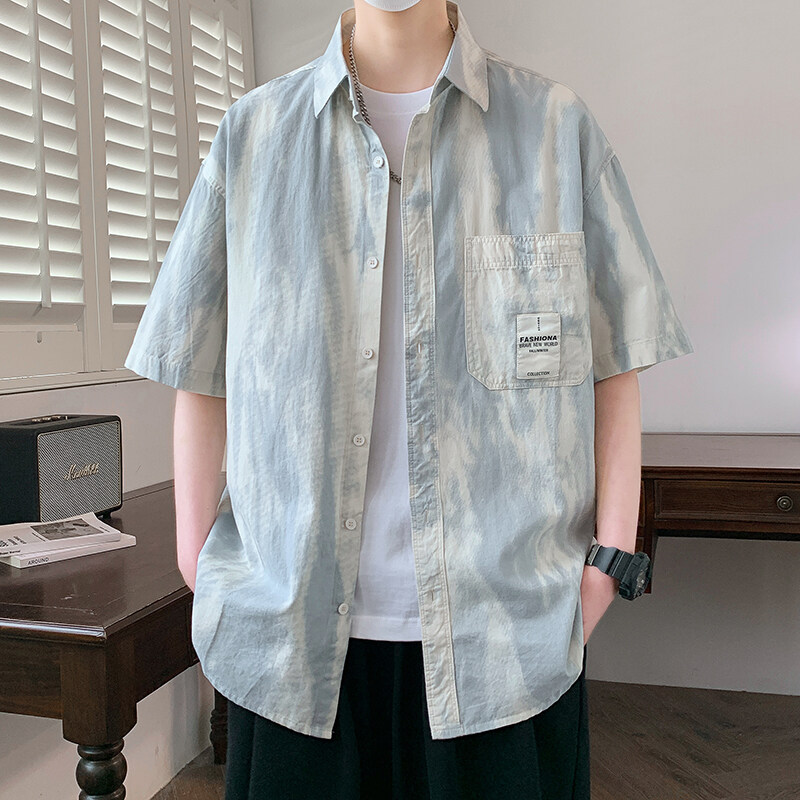 高级感纯棉短袖衬衫男生夏季美式潮牌帅气青少年半袖男装衬衣外套