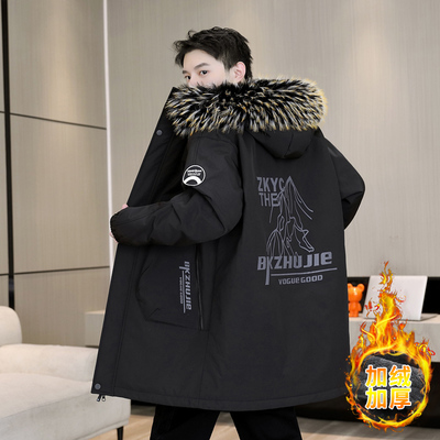 青少年中长款外套男冬季加绒加厚棉衣2025新款中国风连帽派克棉服
