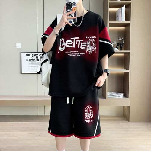 青少年短袖短裤套装男高级感痞帅穿搭一整套男夏季初中生潮牌t恤