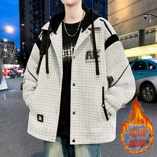 青少年加绒加厚外套男秋冬季高中初中学生潮牌夹克高级感痞帅褂子