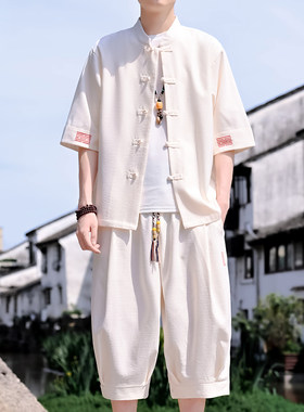 亚麻短袖短裤套装男士中国风盘扣衬衫夏季男装一套搭配帅气七分裤