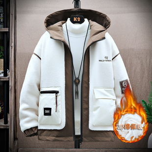 羊羔绒棉衣男冬季 青少年大童连帽棉服 初高中学生加厚外套2025新款