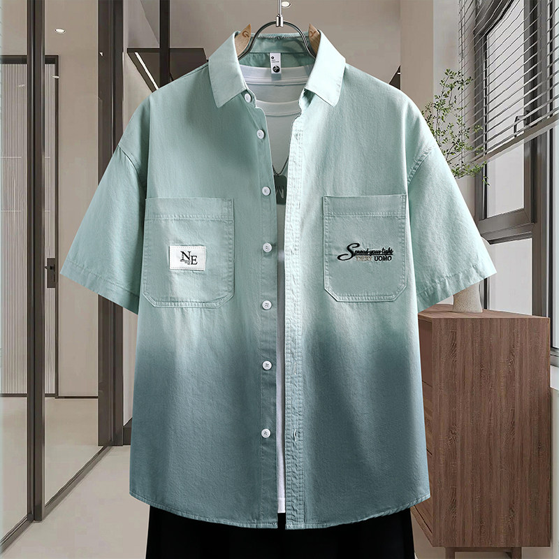 字母刺绣短袖衬衫男夏季渐变撞色纯棉半袖初高中学生宽松衬衣外套