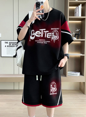 夏季短袖t恤青少年套装男2026超火新款初中生酷帅男孩穿搭一整套