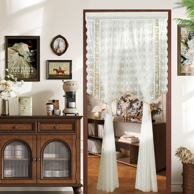 法式奶油风门帘免打孔防蚊夏季蕾丝网红纱帘家用卧室隔断遮挡帘