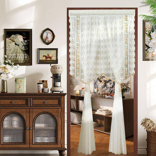 法式奶油风门帘免打孔防蚊夏季蕾丝网红纱帘家用卧室隔断遮挡帘