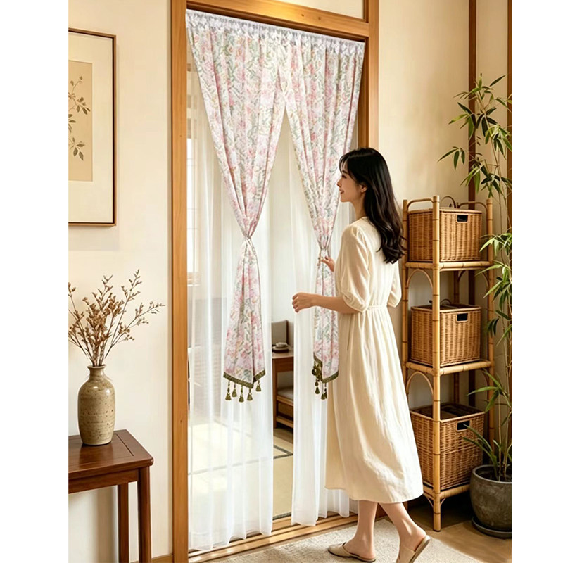 蕾丝门帘四季通用卧室隔断帘免打孔轻奢印花装饰纱帘风水帘子