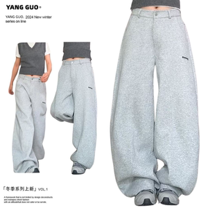 美式复古字母刺绣弯刀裤休闲裤女冬季新款宽松阔腿加绒百搭长裤子