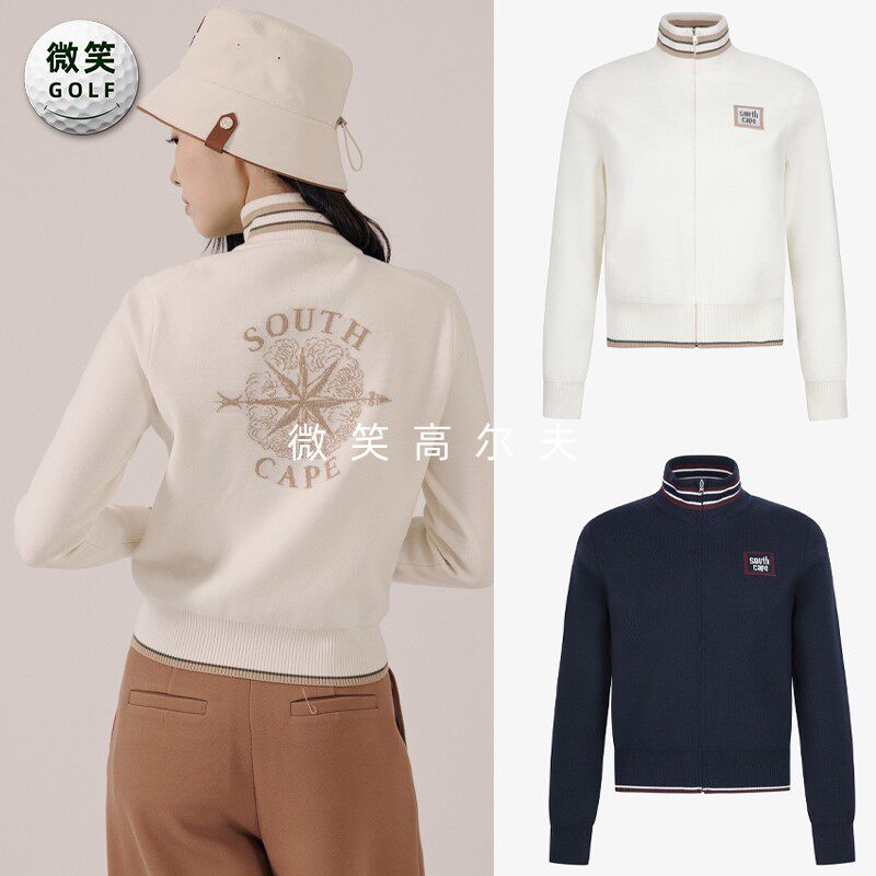 高尔夫女条纹高领拉链针织开衫