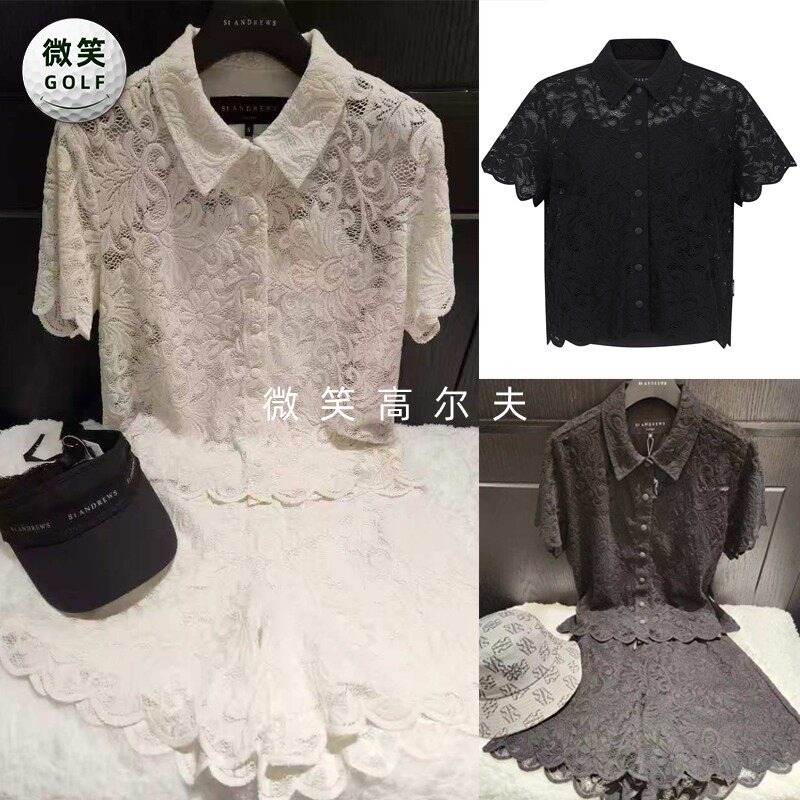 高尔夫女翻领花卉蕾丝短袖衬衫