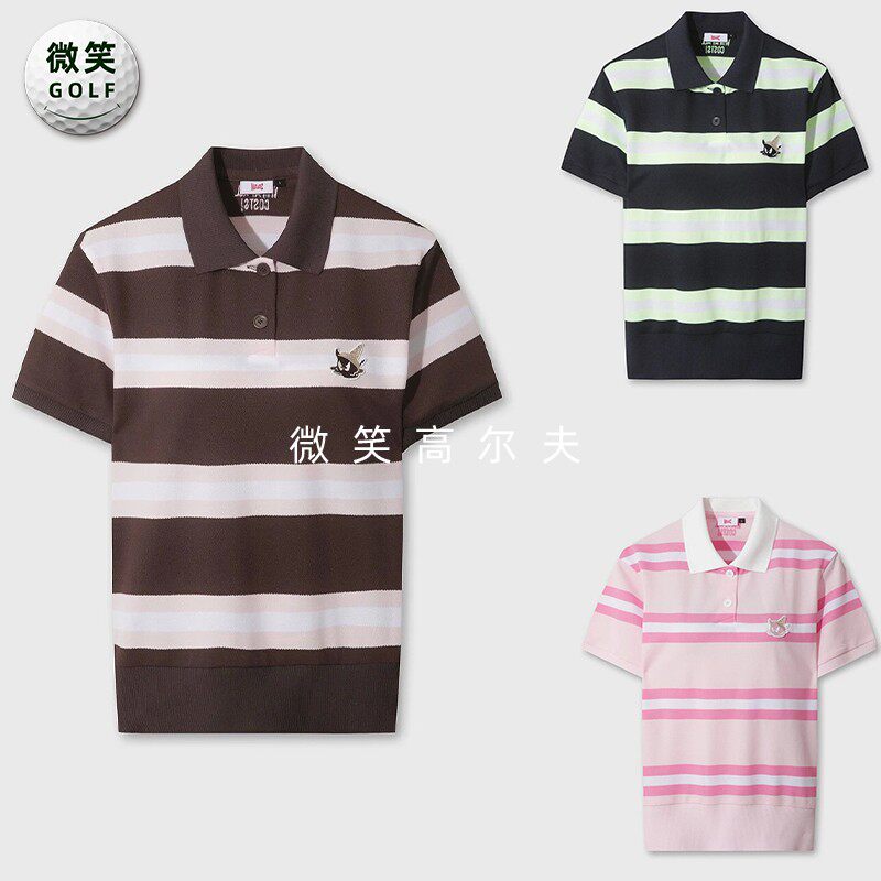 2026夏款韩国代购WAAC条纹宽松高尔夫球服女士百搭透气短袖针织衫