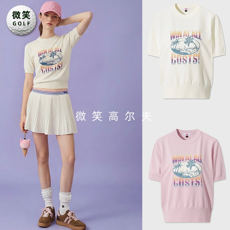 2026夏新款韩国代购WAAC棕榈树圆领高尔夫服装女士清新短袖针织衫