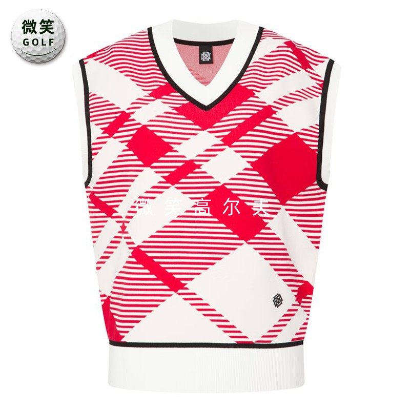 特价2025秋韩国代购红色格子图案高尔夫球服女士V领针织马甲背心