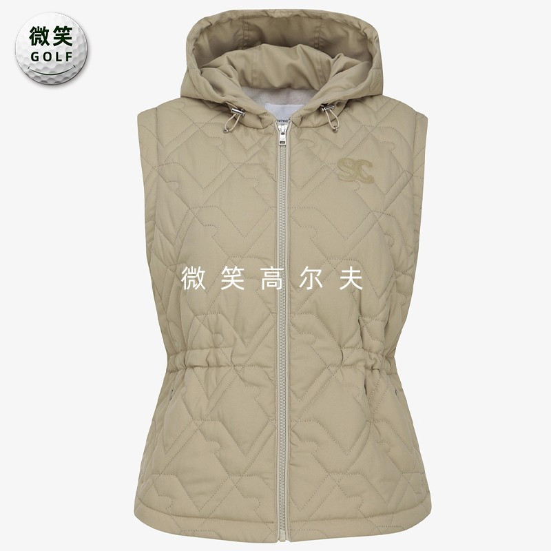 高尔夫女连帽拉链收腰绗缝棉马甲