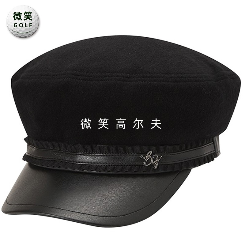 高尔夫花边皮革撞色复古贝雷帽女