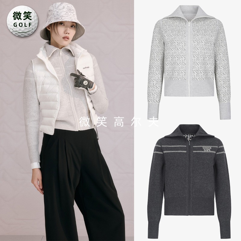 高尔夫女拉链图案双面羊毛开衫
