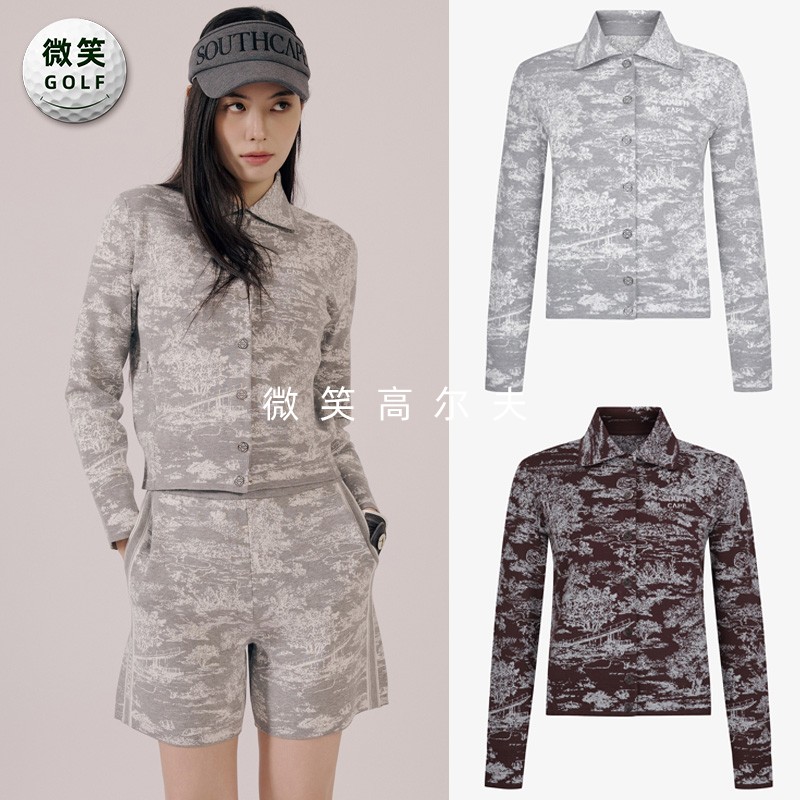 高尔夫女翻领图案针织开衫外套