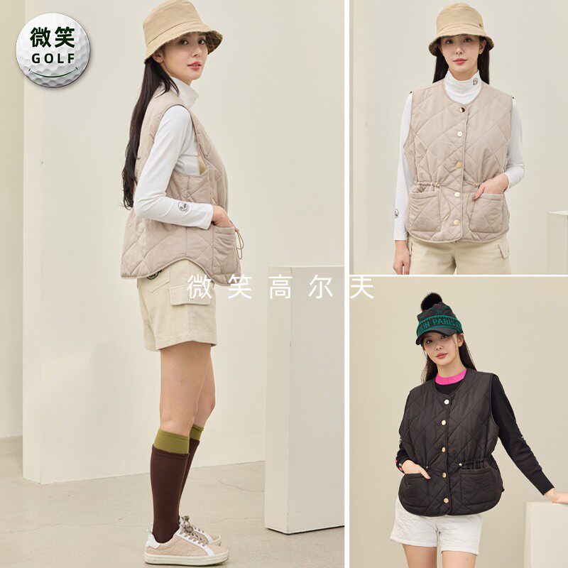 高尔夫女圆领纽扣收腰口袋棉马甲