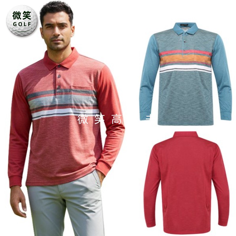 特价2025冬新款韩国代购配色条纹高尔夫球服男士运动户外长袖T恤