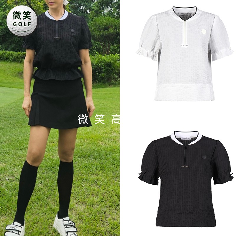 特价2026夏韩国代购半拉链木耳边高尔夫球服女士抽绳休闲短袖T恤