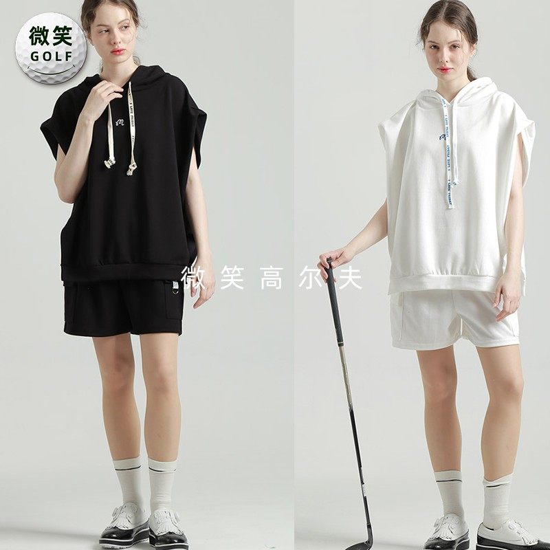 特价2025夏韩国代购宽松运动高尔夫球服女士连帽背心短裤套装GOLF