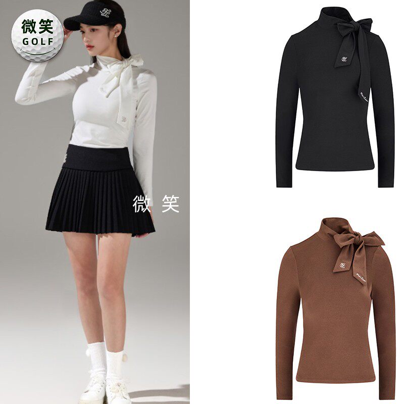 2025秋韩国代购FairLiar蝴蝶结甜美高尔夫球服女 拉绒高领长袖T恤