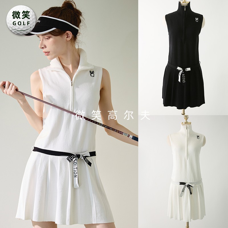 特价2026夏韩国代购半拉链腰带高尔夫球服女士时尚褶皱无袖连衣裙