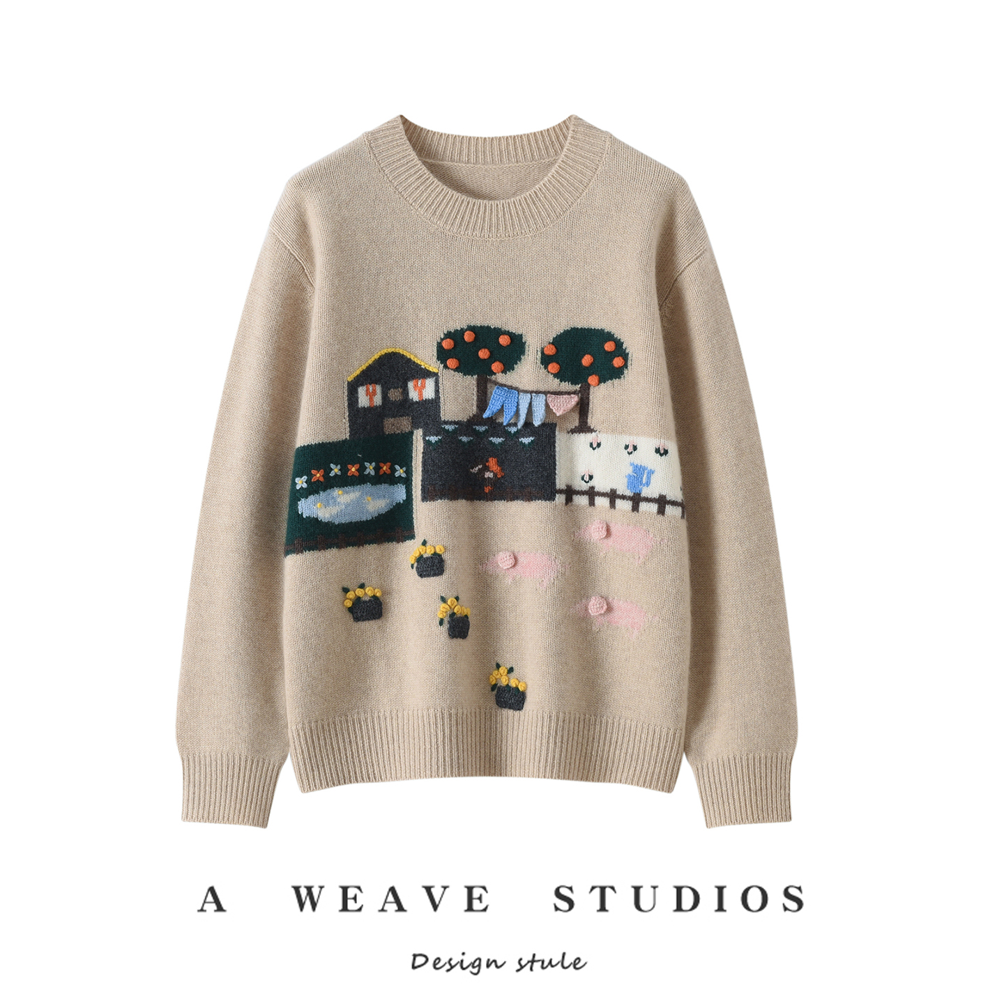 难以抗拒~重工刺绣山羊绒衫女圆领拼色毛衣25秋冬加厚宽松针织衫