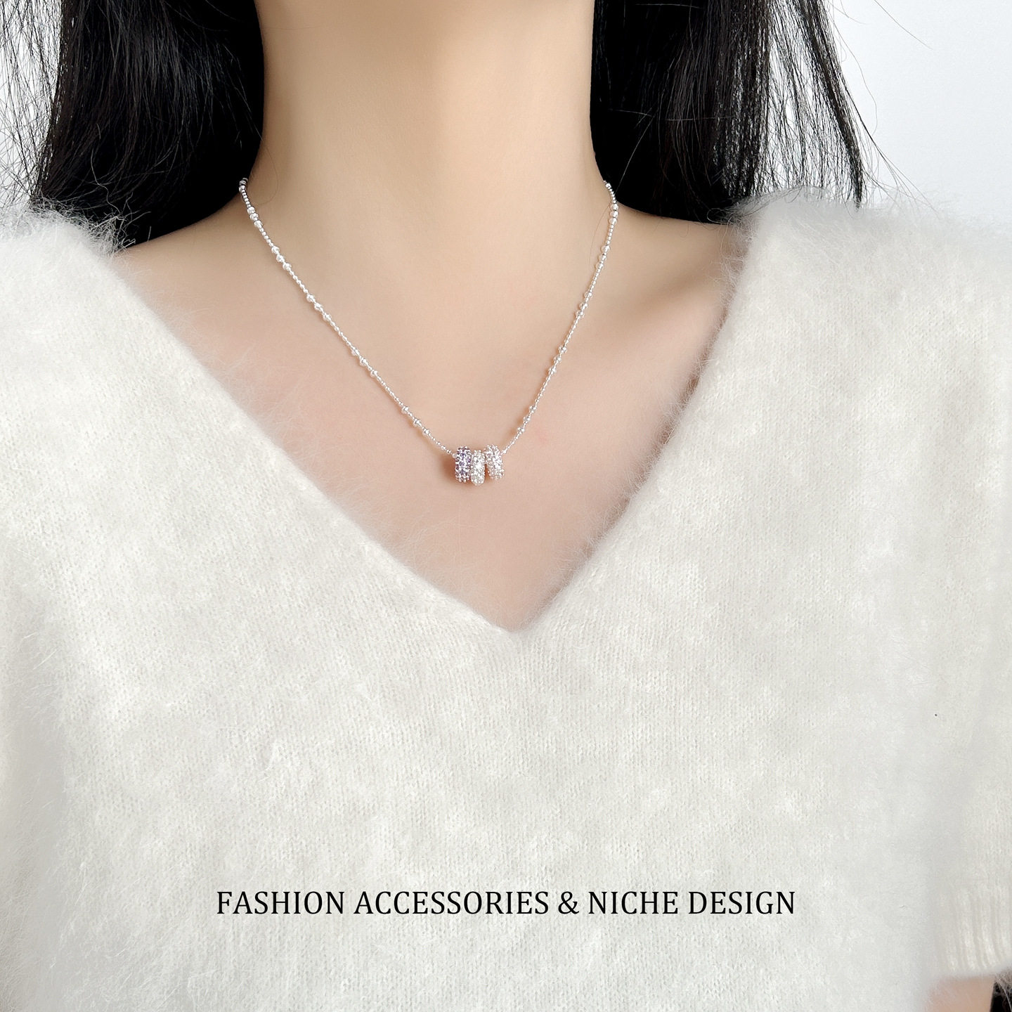 超闪三色满钻圆圈小蛮腰项链女圈圈环形吊坠锁骨链设计感精致颈链