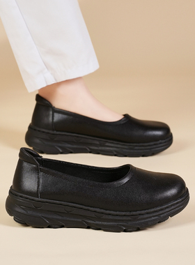 安足恩护士鞋女黑色真皮舒适软底透气不累脚春夏季平底防滑小白鞋