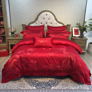 100s长绒棉结婚四件套全棉婚庆大红色喜被套婚房婚床上用品 新中式