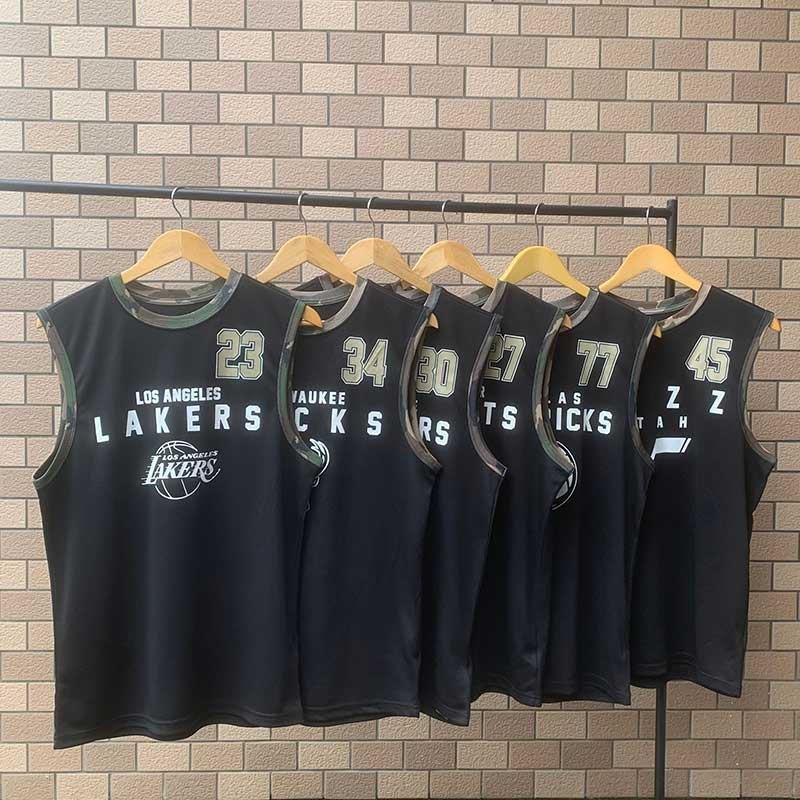 美版球星大码球衣前后印花男子篮球训练运动迷彩拼色无袖速干背心