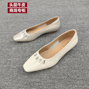夏季法式头层牛皮水钻圆头单鞋女