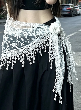 法式蕾丝屁帘女2026丝巾叠穿系腰三角巾配牛仔裤腰链花边腰巾腰封