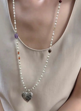 新中式项链长款叠戴水晶串珠颈链雕花爱心吊坠锁骨链高级感毛衣链