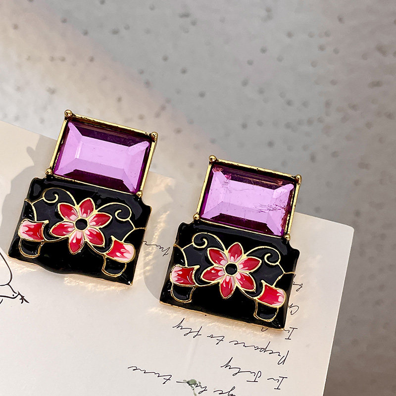 프렌치 레트로 귀걸이 중년 빈티지 라이트 럭셔리 핑크 크리스탈 플라워 귀걸이 여성용 에나멜 동백 귀걸이