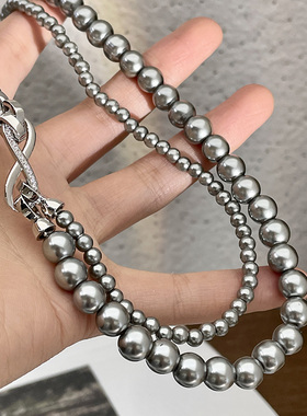 可拆分双层灰色珍珠叠戴项链银灰珍珠8字扣双层锁骨链轻奢毛衣链