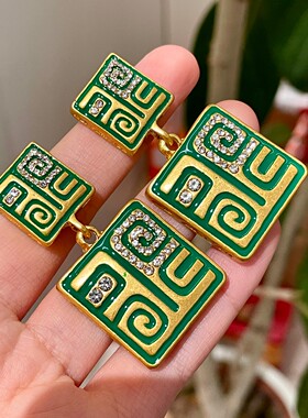 vintage国风新中式绿色图腾方形耳坠复古高级感镶钻个性耳饰耳环