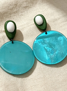 中古vintage复古木质圆形蓝色贝壳纹理耳钉几何小众耳环女耳饰潮