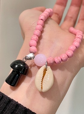 粉色天然石串珠项链海螺贝壳蘑菇形状吊坠锁骨链可爱百搭毛衣链女