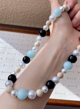 珍珠天然石蓝色锁骨链海蓝宝水晶串珠毛衣项链女夏日轻奢小众颈链