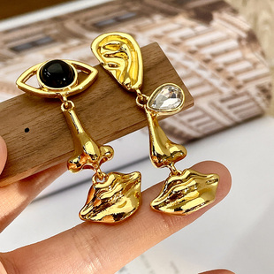 金色印第安不对称耳钉杂志眼睛AB款耳饰港风金属夸张五官重工耳环