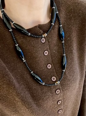 小众设计时尚通勤黑色椭圆形水晶串珠毛衣链双层叠戴长条项链配饰