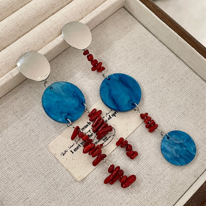 新中式耳环新娘小众礼服复古红蓝贝壳串珠撞色耳饰礼服旗袍配饰女