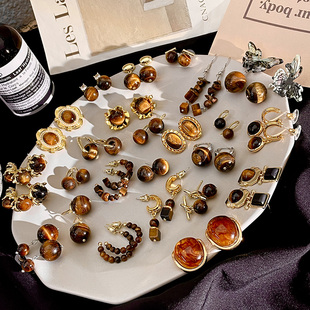 天然虎眼石系列耳钉女美拉德精致复古耳饰小众轻奢高级感气质耳环