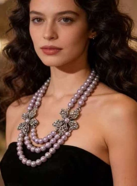 欧美夸张大牌风多层深灰色珍珠项链时尚女气质满钻花瓣毛衣链配饰