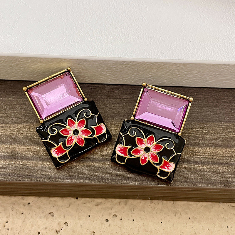 프렌치 레트로 귀걸이 중년 빈티지 라이트 럭셔리 핑크 크리스탈 플라워 귀걸이 여성용 에나멜 동백 귀걸이