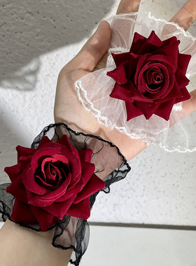 暗黑系lolita洛丽塔蕾丝花朵手腕套手袖女酒红色玫瑰花礼服袖套