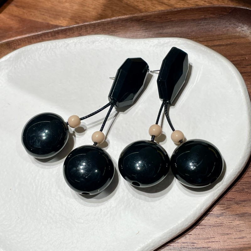 欧美夸张黑色几何串珠耳环巴洛克复古耳钉黑色圆形大气秋冬耳饰女